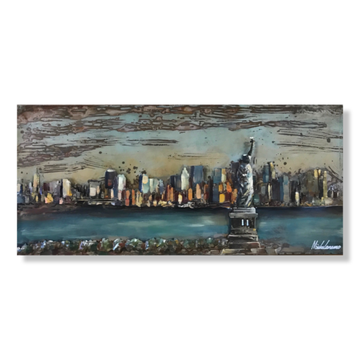 Grafika przedstawiająca Statuę Wolności i panoramę Nowego Jorku.