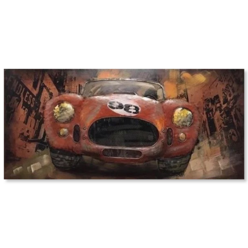 A painting in metal of a red sports car