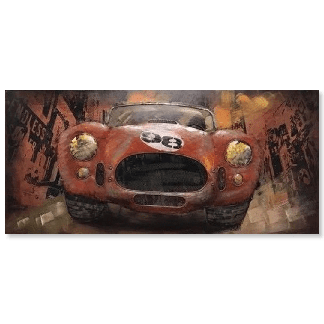 A painting in metal of a red sports car