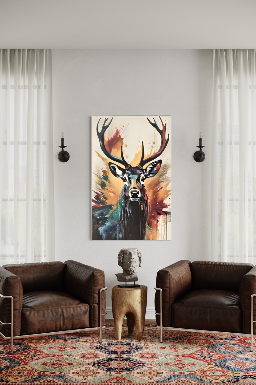 Obraz w przyjemnej tonacji kolorystycznej z dużym jeleniem.